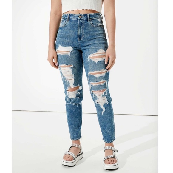 American Eagle Outfitters Denim - AE Stretch Mom Jean Distressed Ripped Acid Wash High Rise, Size 8